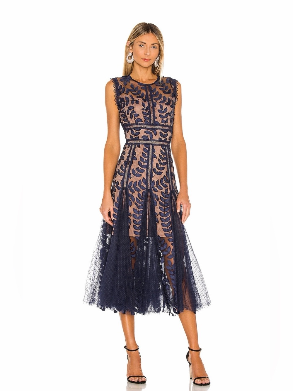 Bronx and Banco Saba Navy Blue Leaf-Appliqué Midi Dress Size L